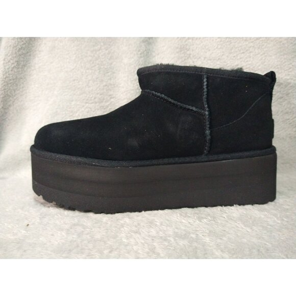 UGG Boots Womens 9 Black Suede Fur Classic Ultra Mini Platform Ankle Box - Picture 4 of 11